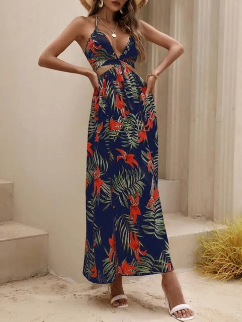 Print Halter Neck Slit Dresses Deep V-neck Hollow Out Backless Bowknot Leace-up Long Dress Female Vestidos