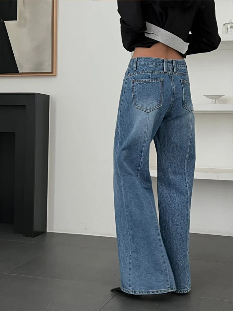 High Waist Loose Pockets Jeans Blue Wide Leg Pants Y2k New Autumn Winter Jeans