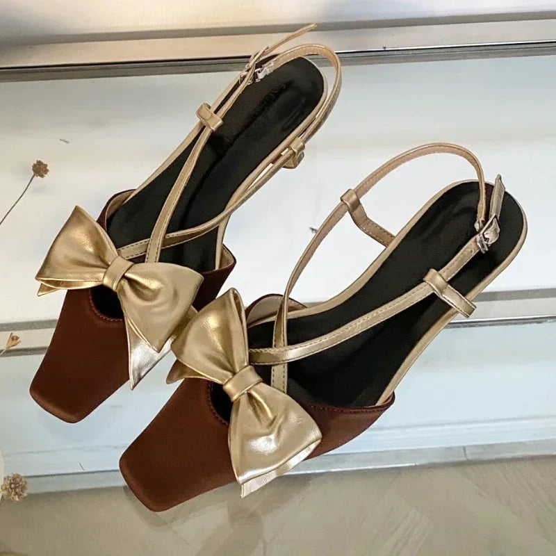 Sweet Butterflyknot Low Heel Mules Shallow Dress Shoes Female Comfy Crosstied Square Toe Slingback Sandals