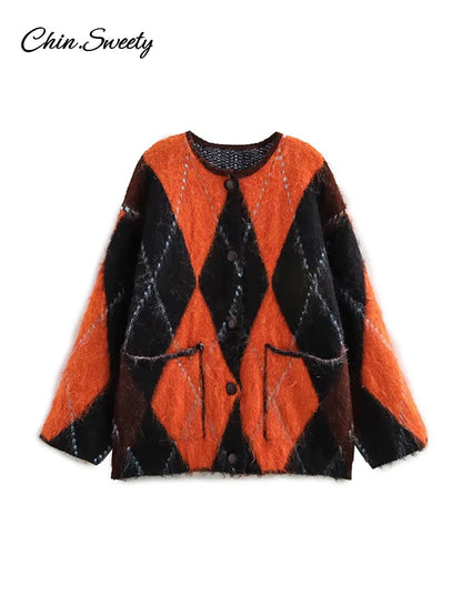 Mohair O-neck Contrast Color Knit Sweater Geometry Print Long Sleeve Loose Single-breasted Knitwear Lady All-match Top _