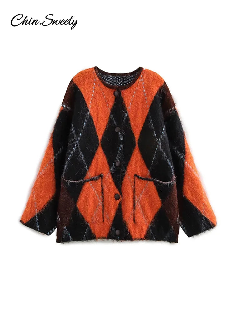 Mohair O-neck Contrast Color Knit Sweater Geometry Print Long Sleeve Loose Single-breasted Knitwear Lady All-match Top _