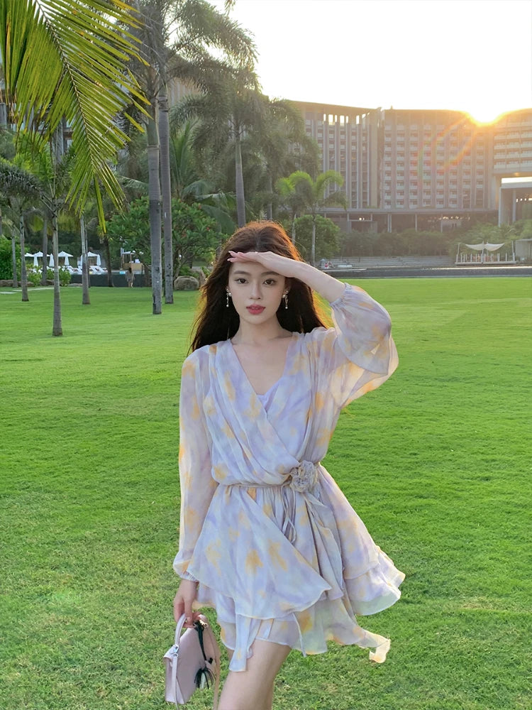 Summer New Sweet Chiffon Mini Dress Beach Party Vneck Mini Dress One Piece Dress Korean Clothing