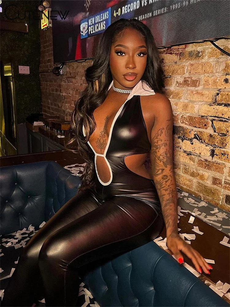 Silky Backless Jumpsuits Lace Up Contrast Color Lapel Low Neck Skinny Overalls Female Trend Street Party Wear