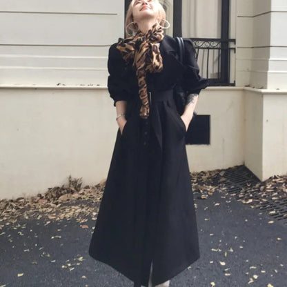 Autumn Winter Woman New Lapel Windbreaker Trench With Belt Korean Style Outerwears Midi Coats