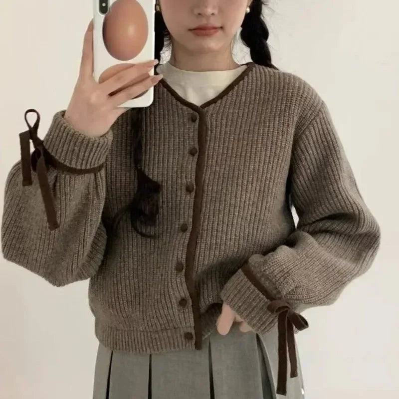 French Style Cardigan Autumn Winter Sweet Bow Knitted Sweater Coat Knitwear Simple Clothes