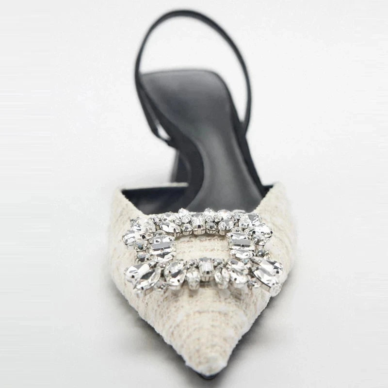 Square Rhinestone Mid Heels Pumps for Woman White Tassel Texture Black Sole Slingbacks Shoes Point Head Spike Heel Sandals
