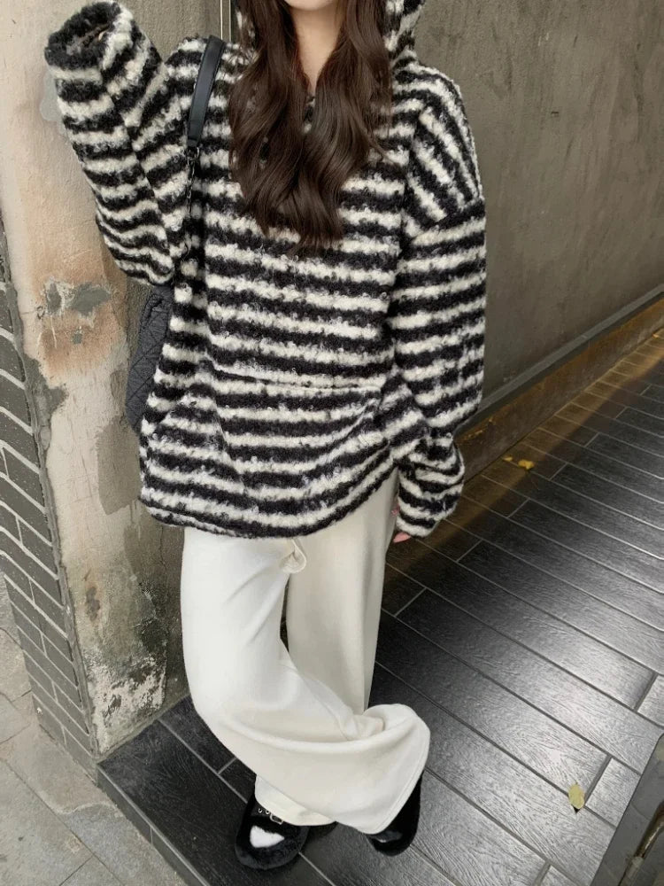 Harajuku Striped Long Sleeve Pullovers Sweatshirt Oversized Hoodies for Winter Warm Clothes New