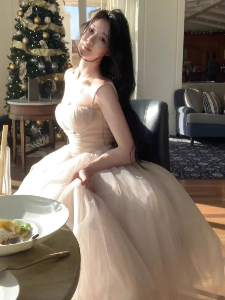Fairycore White Princess Dress Sweet Ball Gown Birthday Party Vestidos Gauze Bodycone Strapless Camisole Long Dresses