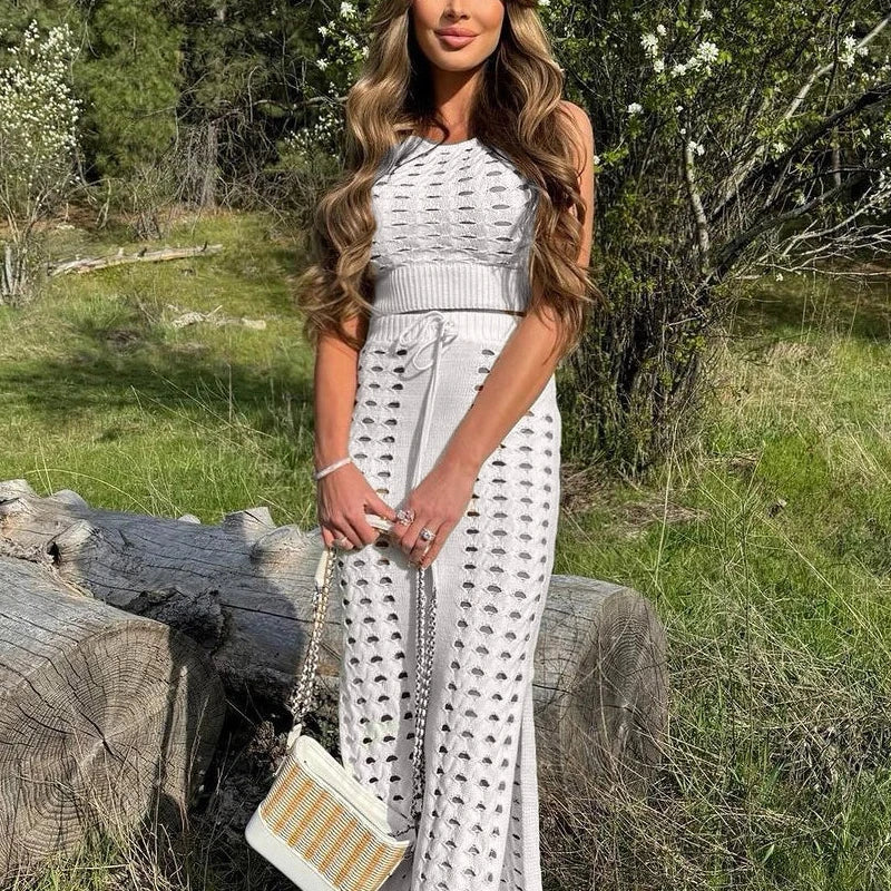 Slim Hollow Out Skirt Suit Knitted for Sleeveless Strapless Top Summer New High Waisted Lace Up Split Long Skirt