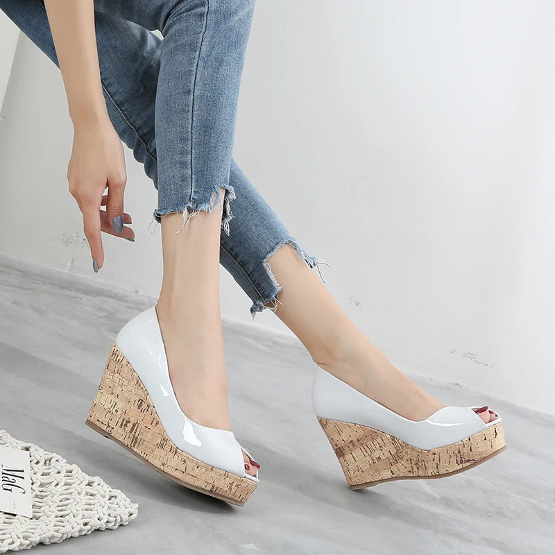 3143 New Wedge Open Toe Shoes High Heel Platform Shoes Patent Leather