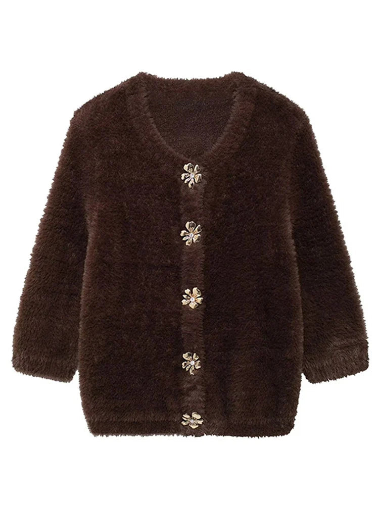 Faux Fur Half Sleeve Cardigans Single Breasted O-neck Loose Wine Red Sweater Female Furry Autumn Tops
