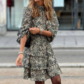 Turtleneck Long Sleeve Layered Cake Dress Temperament High Waist Party Dress New Spring Print Chiffon Mini Dress
