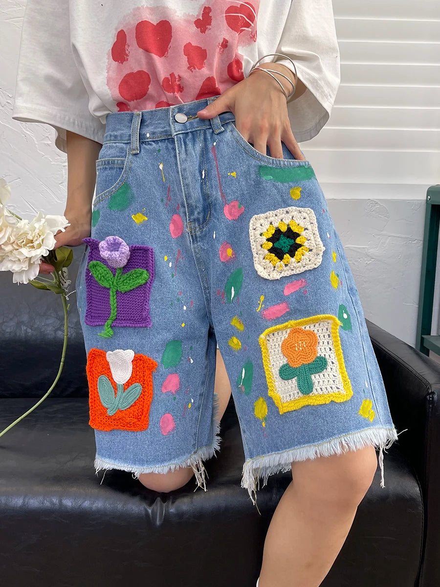 Korobov Knitted Denim Short Pants Female Summer New Loose Pants Tassel Design Short Para Mujeres