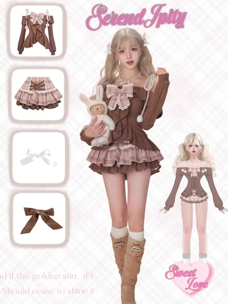 2000s Y2k Suits Retro Brown Crop Tops Sweater + Mini Skirt Japanese Kawaii 2 Piece Sets Korean Party Clothing