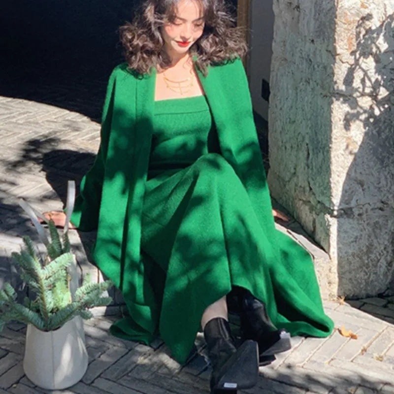 Autumn Winter Warm Knitted 2-piece Dress Set Soft Long Cardigan Strapless Bodycon Split Midi Dress Outfits