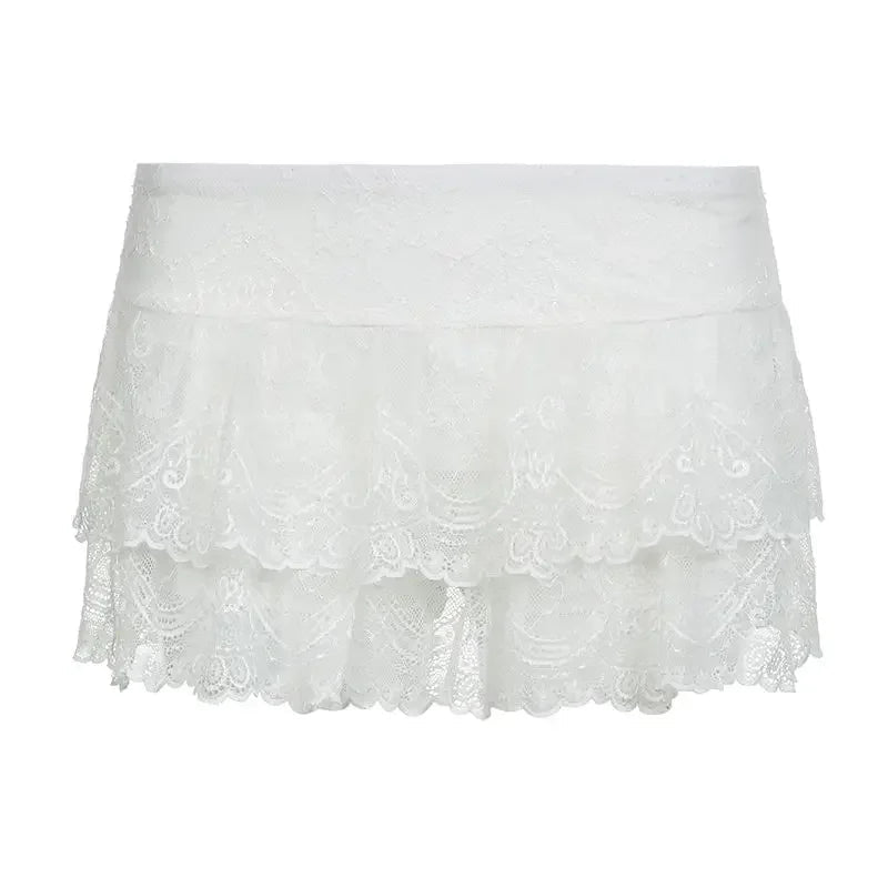 White Lace Hook Flower Ultra Short Mini Skirt for Summer Sweet Girl Anti Glare Low Waist Slimming Aline Short White Skirt