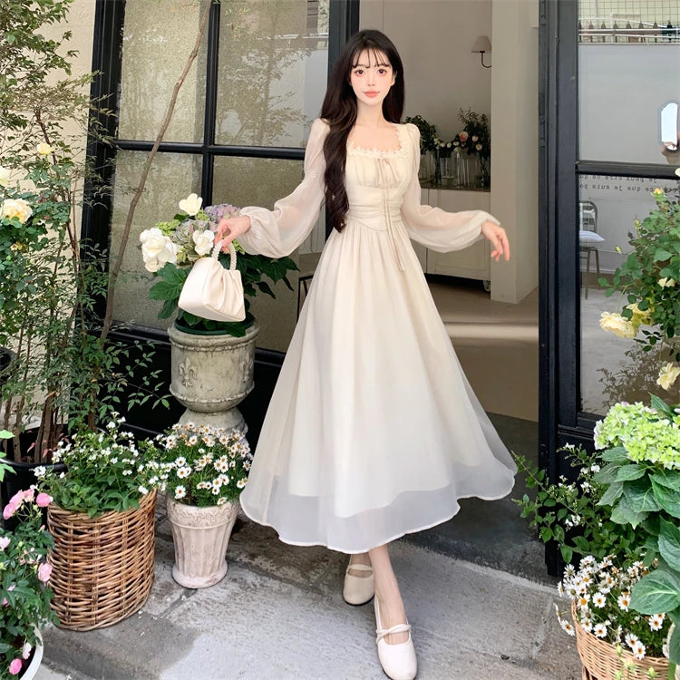 French Princess Evening Party Midi Dresses for Springtime Slim Bandage Long Sleeve Vestidos Korean Summer Clothes