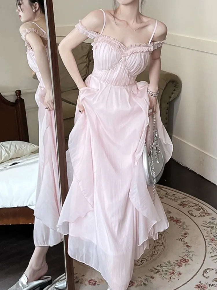 Summer Sweet Pink Fairy Chiffon Midi Dress Korean Onepiece Aline Vestidos Female Clothing Mujers