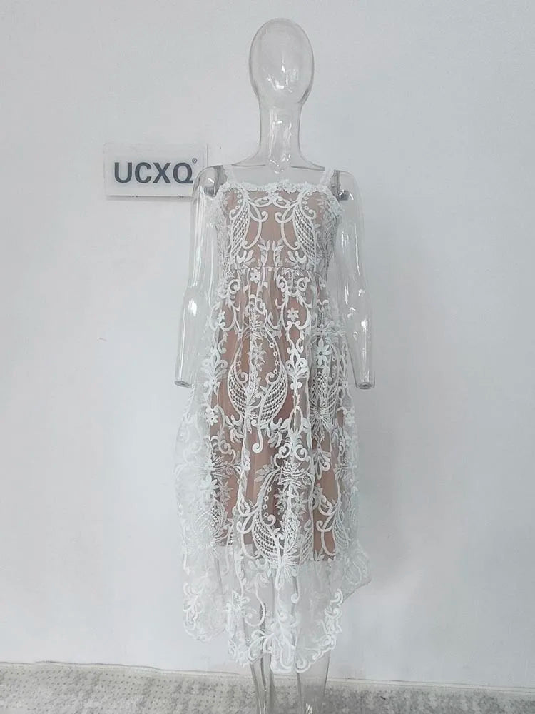 Square Neck Lace Embroidery Long Dress Fairycore Waist Sleeveless Camisole Dresses Spring Summer 23a8639