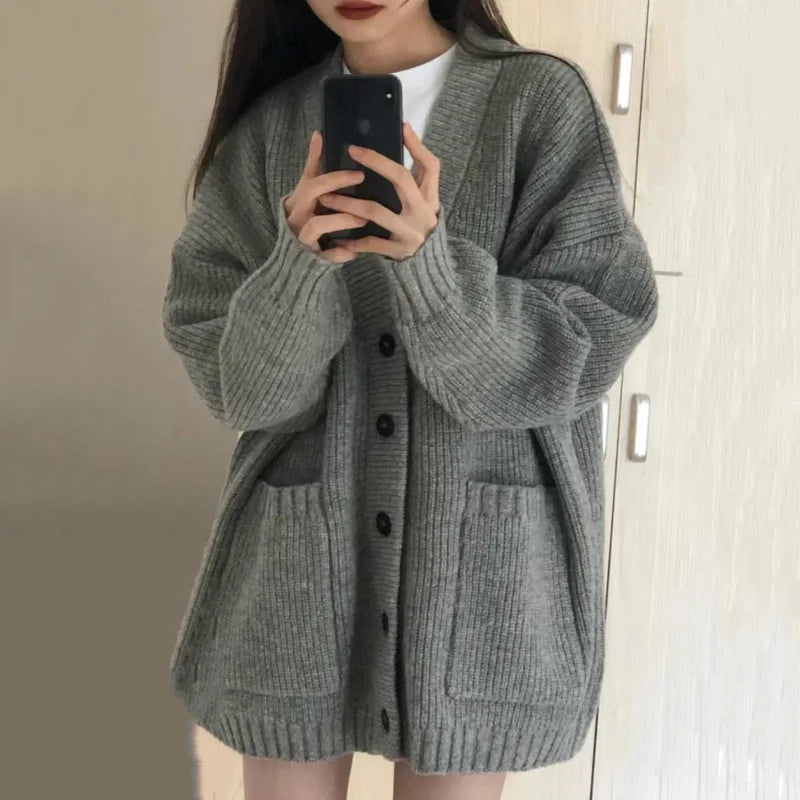 Autumn Winter Cardigan Sweater Coats Female Long Sleeve V-neck Loose Knitted Jackets Sweater Cardigans