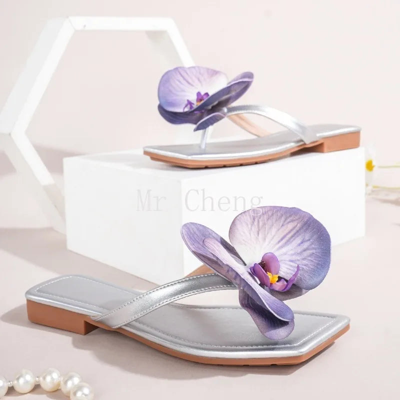 Brand Shoes Female Summer New Flowers Design Slippers Fashionable Outer Wear High Heel Slides