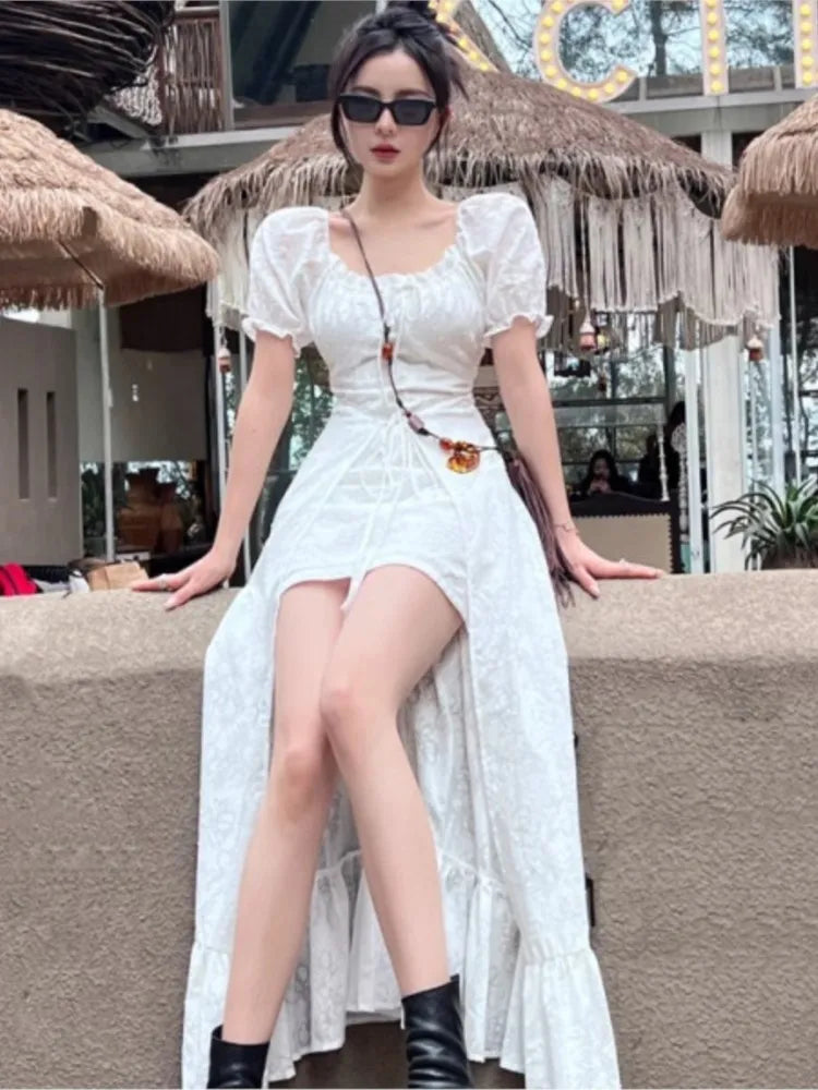Y2k Long Dresses for Puff Sleeve Lace-up A-line Off Shoulder Club Party Dress Summer New Korean One Piece Vestido