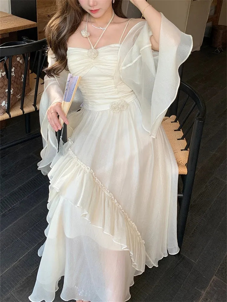 Summer French Midi Dresses Folds Ruffle Party Prom Robe Fairycore Neck Mounted New Dress