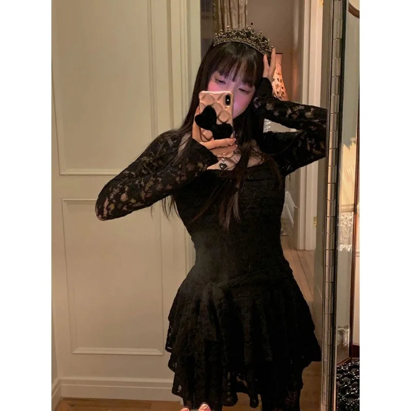 Harajuku Gothic Black Lace Dress Y2k Purple Mini Dress Bodycon Party Dresses Korean Aesthetic