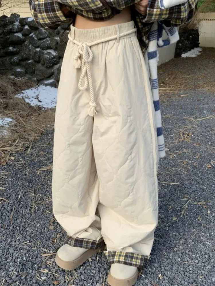 Retro Plaid Spliced Pants Y2k Hip Hop Loose Drawstring Straight Winter Thick Trouser Kpop Slacks