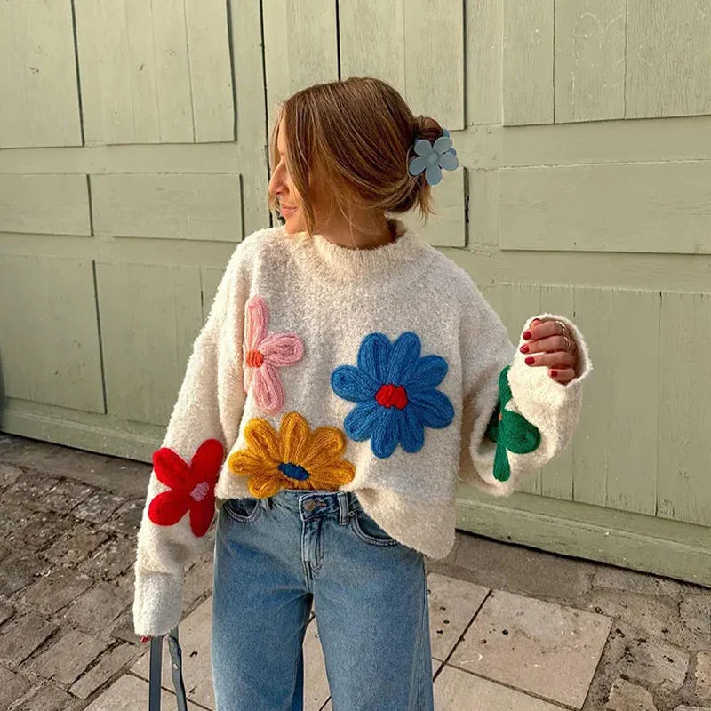 Autumn Knitted Sweater Sweet Flower Loose Long Sleeve O-neck Female Pullovers New Loose Tops