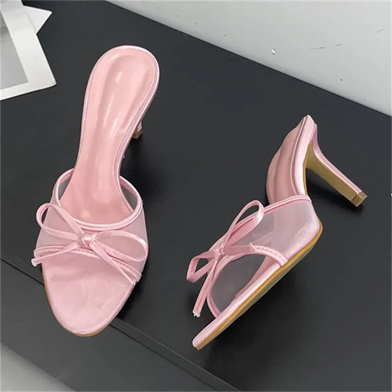 Summer Butterflyknot Breathable Holes Mesh Open Toe Woman Slippers Thin High Heels Party Dress Shoes
