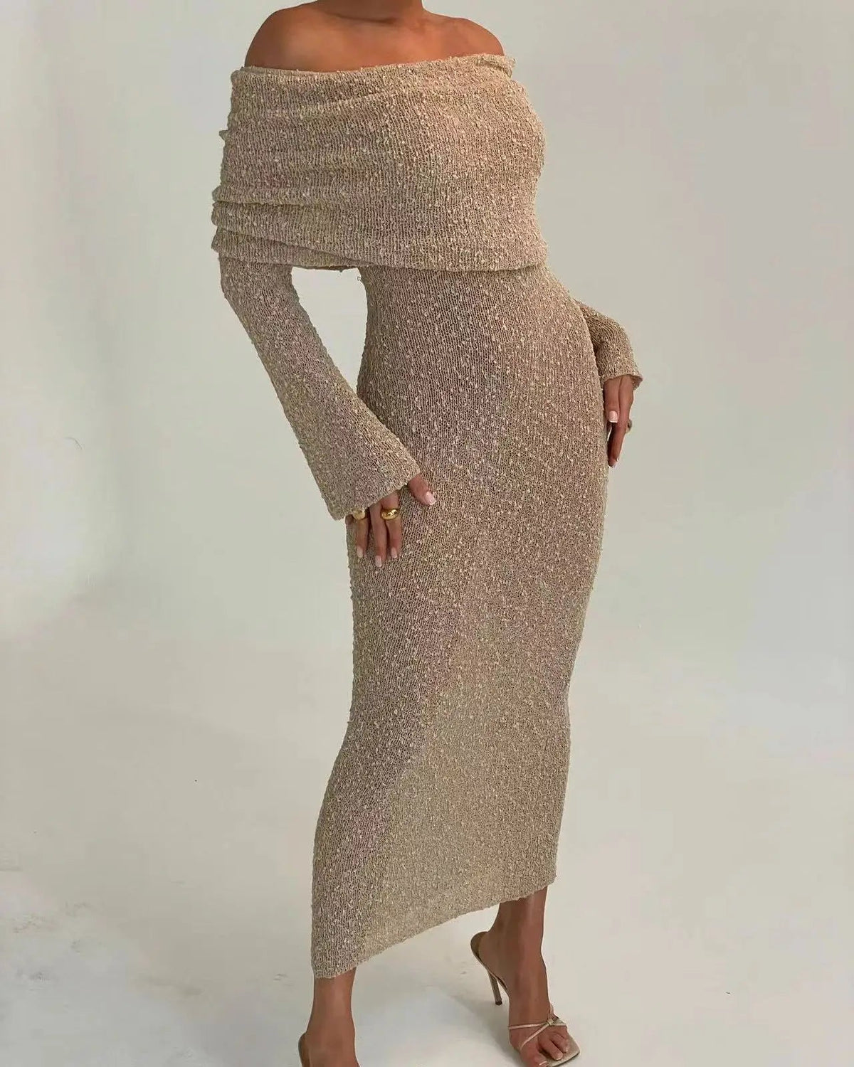 Summer Slash Neck Sunscreen Maxi Dress Long Sleeve Bodycon Knitted Vestidos Female Holiday Beachwear