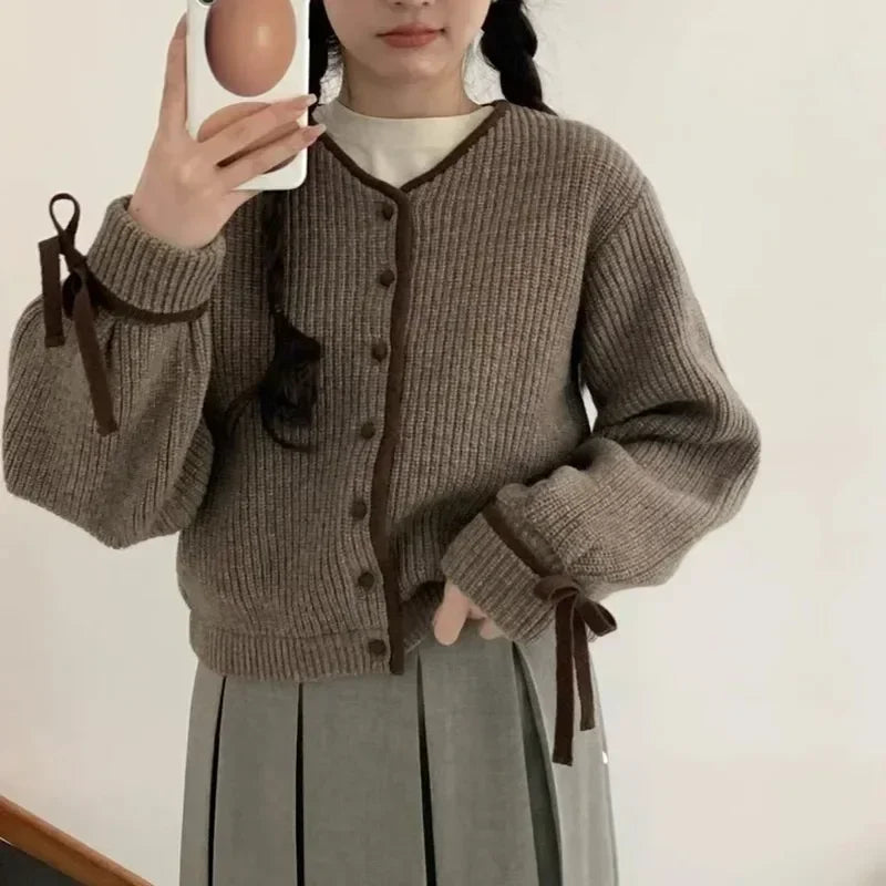 French Style Cardigan Autumn Winter Sweet Bow Knitted Sweater Coat Knitwear Simple Clothes