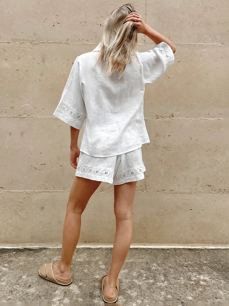 White Cotton Linen Hollow Out Lace Up Top and Short Pants Suit ’s Loose Top Splice Sets Lady Summer
