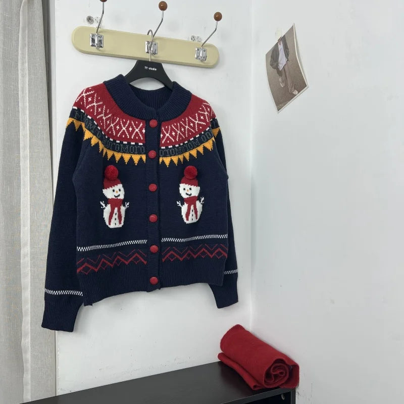 Sweet Hot Girl Retro Knitted Cardigan Winter Snowman Pattern Oneck Loose Sweater Coat Female Clothes