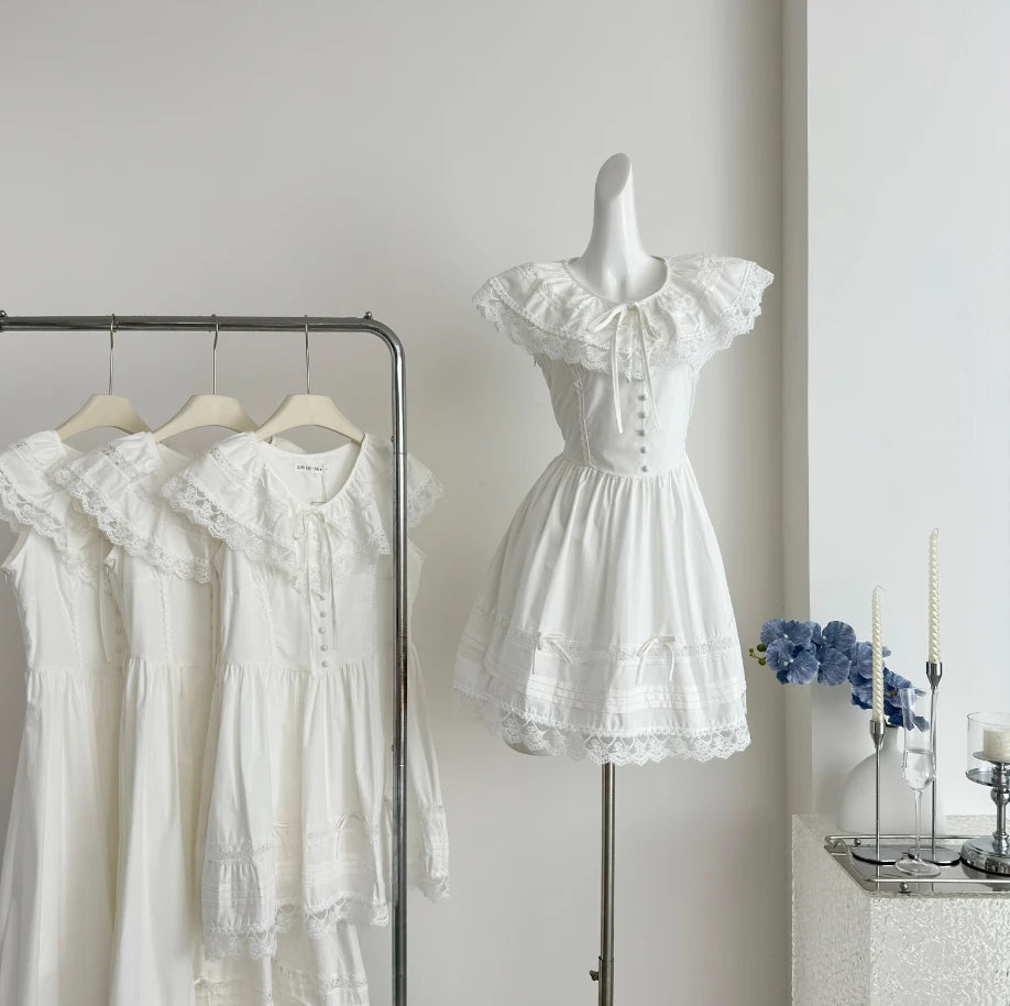 Sweet White Lace Dress Evening Party Turndown Collar Mini Dress French Midi Dress Summer