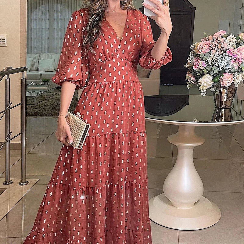 Deep V Neck High Street Dress Autumn Holiday High Waist Long Dress Polka Dot Short Sleeve Pleated Party Dress