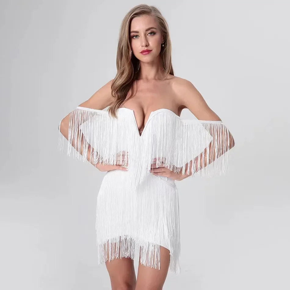 New Tassel Bandage Dress V Neck Off Shoulder Bodycon Nightclub Celebrity Female Party Mini Dresses