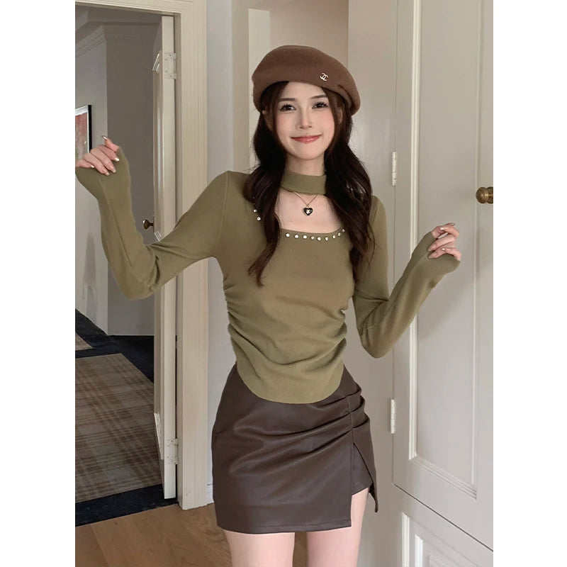 No Maillard Rule Neck Cutout Knitted Bottoms Autumn Design Sense of Pure Spice ' Slim Fit Short Suit Sweater