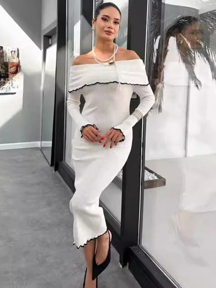 Fall Winter One-shoulder Long Knit Dress Slim Fungus Splice Contrast Color Sweater Female Club Party Dresses