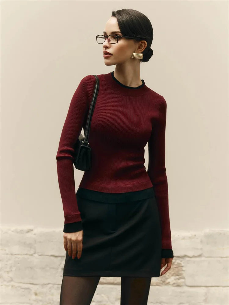 Autumn Knit Sweater Pullover for Ribbed Patchwork Long Sleeve Slim Lnner Inner Top Female Knitwear Top