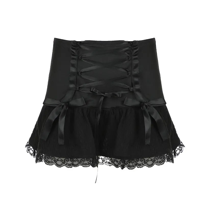 New Bow Tie Lace Black Skirt for Summer Sweet Low Waist Slimming Spicy Girl Aline Ultra Short Mini Skirts