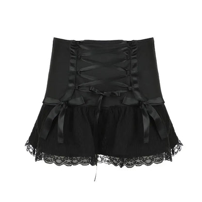 New Bow Tie Lace Black Skirt for Summer Sweet Low Waist Slimming Spicy Girl Aline Ultra Short Mini Skirts