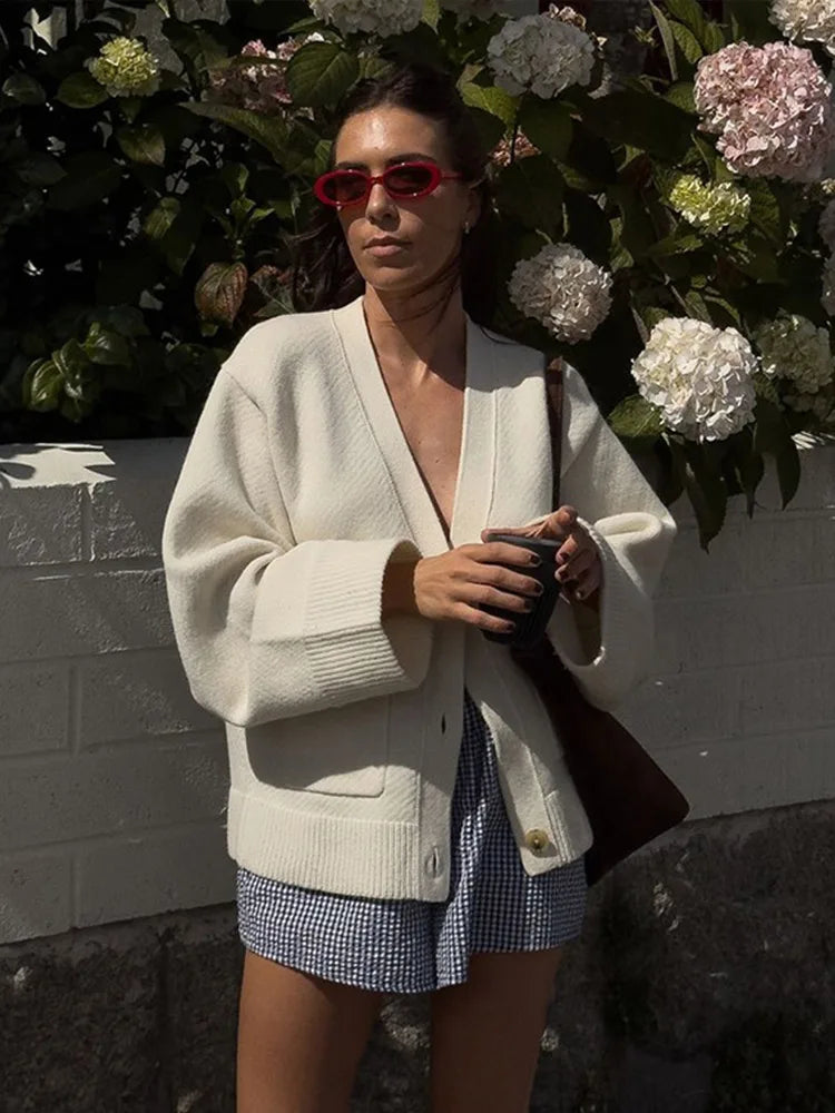Knitted V-neck Cardigan Loose Single Breasted Pockets Sweater Female Versatile Street Knitwear