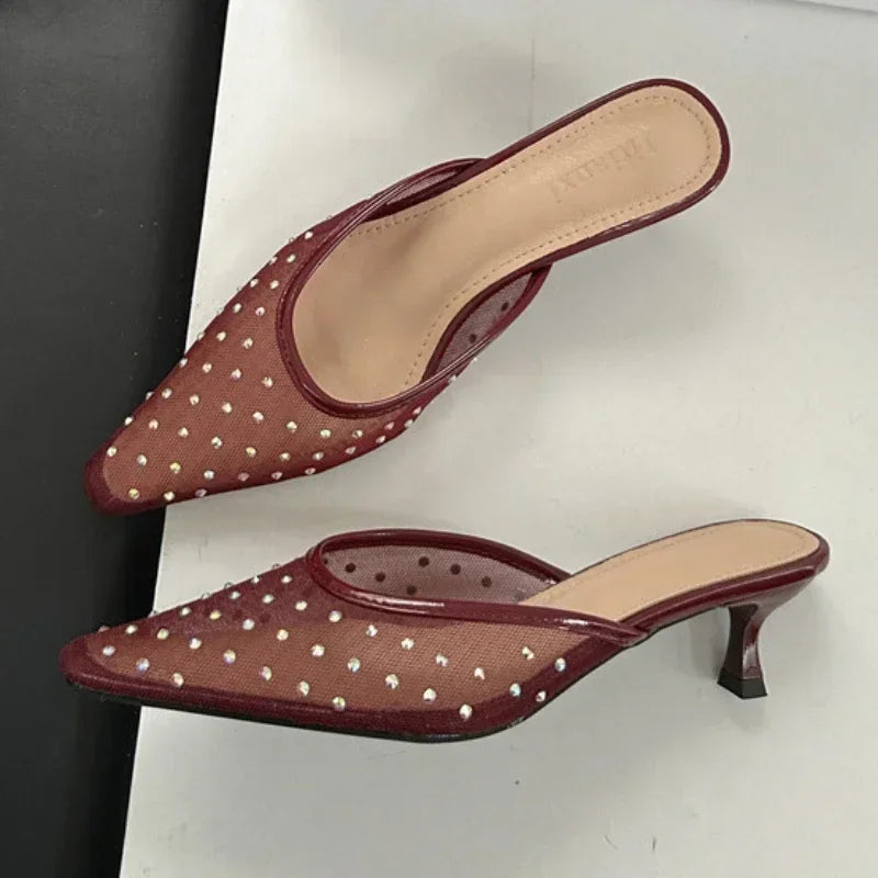 Summer Mesh Rhinestone High Heels Breathable Pointy Toe Shallow Mouth Dress Shoes Slippers Female