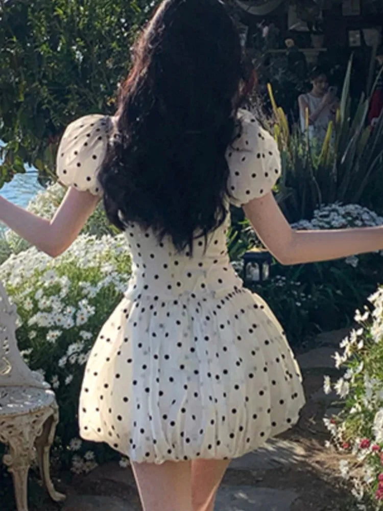 Polka Dot Birthday Party Dress Off Shoulder Puff Sleeve A-line Ball Gown Mini Dresses for Korean One Piece Vestido
