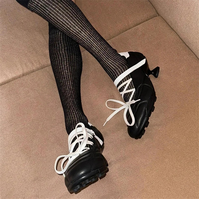Special Heel Design Laceup Ballet Shoes Nonslip Buckle Strap Shoes Handmade Round Toe Sapatos Femimino