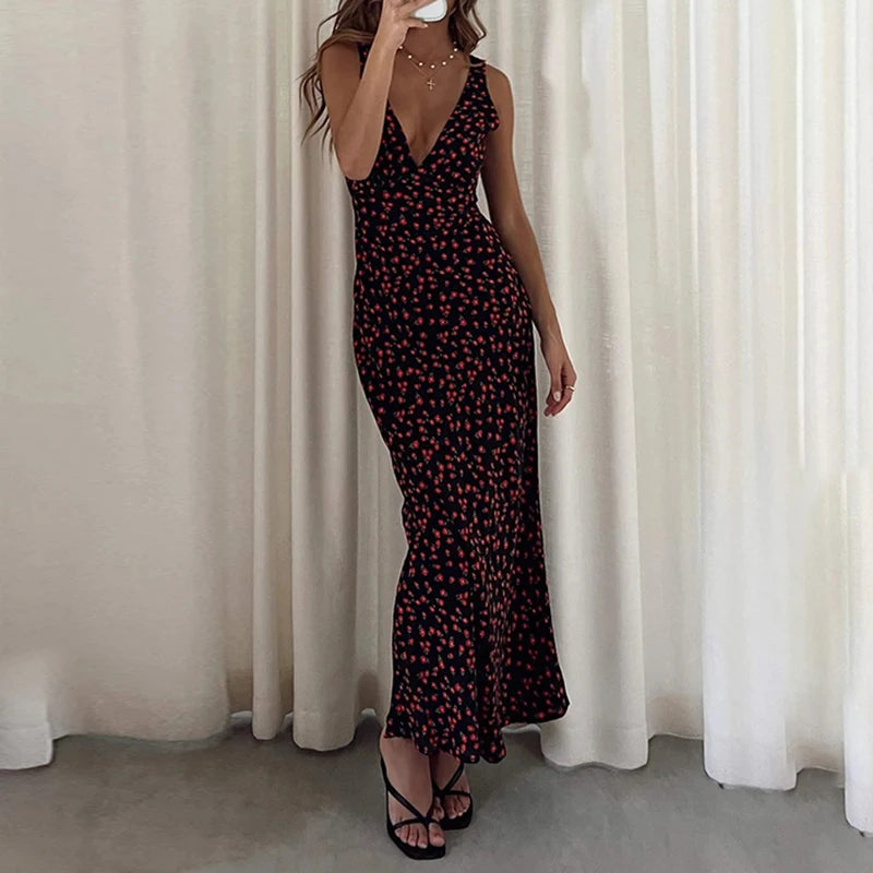 French Style Print Long Dress for Holiday Party Deep Vneck Sundress Slimfit Straight Tank Robe