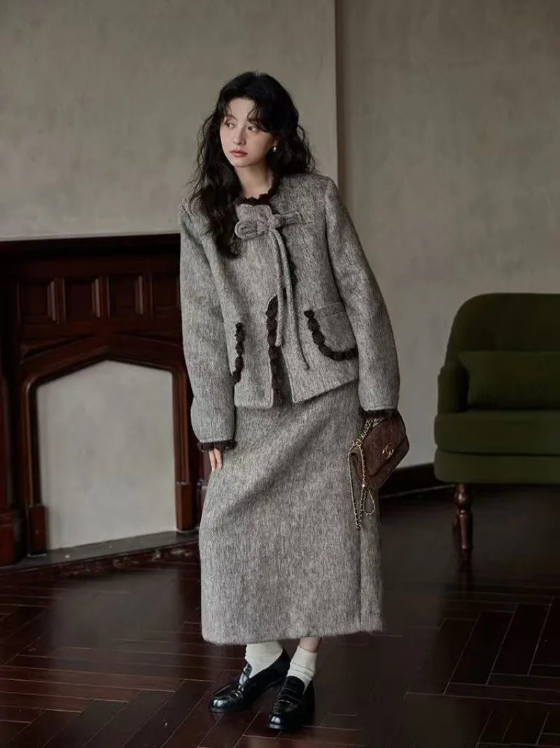 Sweet Hot Girl Suit Winter Oneck Longsleeved Coat High Waist Aline Skirt Twopiece Set Female Clothes