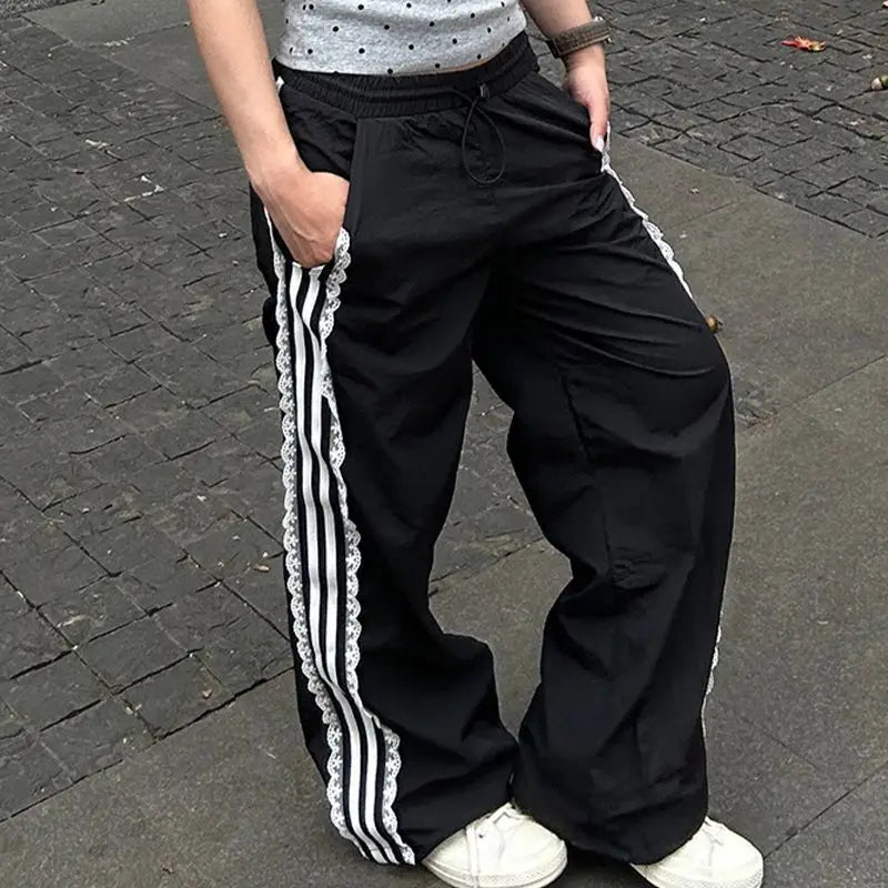 Coquette Sweatpants Summer Y2k Lace Stripe Patchwork Elastic Waist Sports Pants Trousers